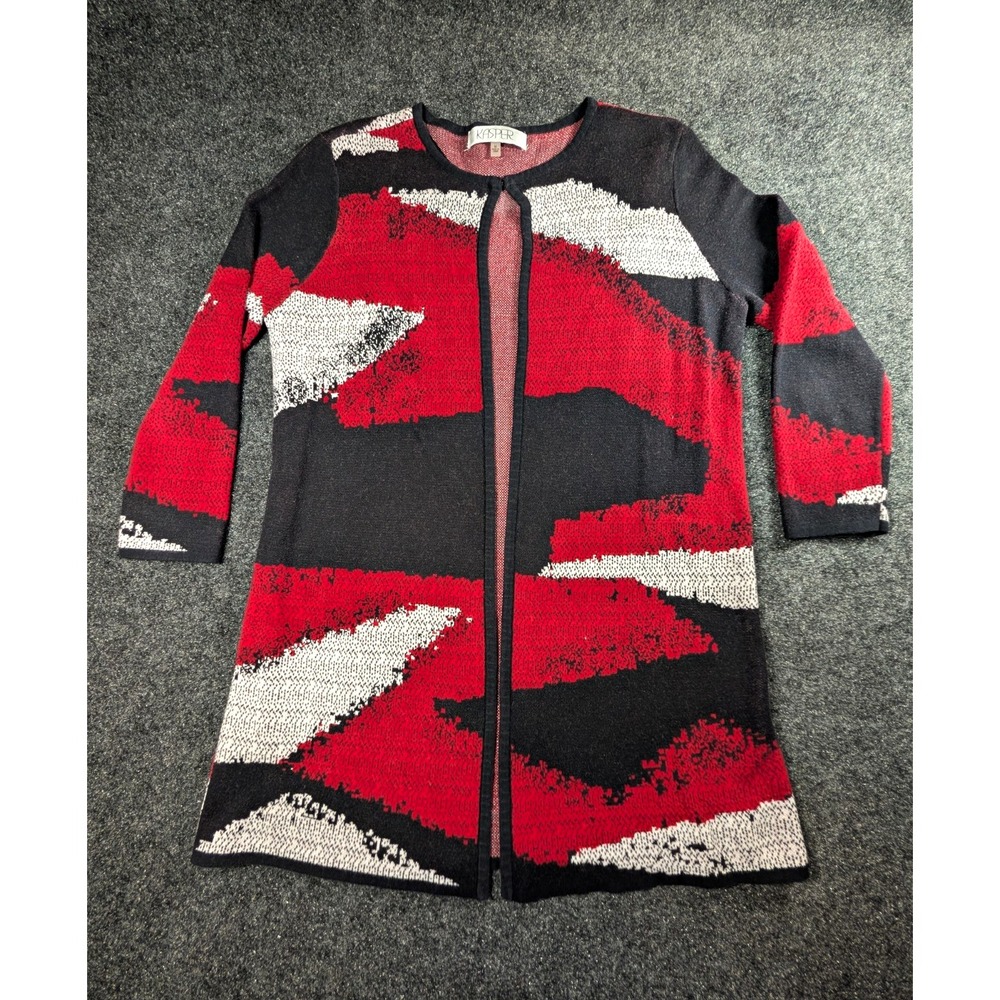 Kasper Abstract Knit Cardigan Sweater Black Red White Round Neck M